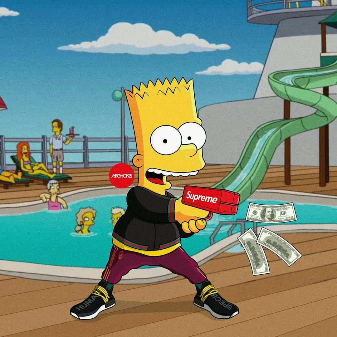 Supreme Bart Simpson With Money Gun Wallpaper