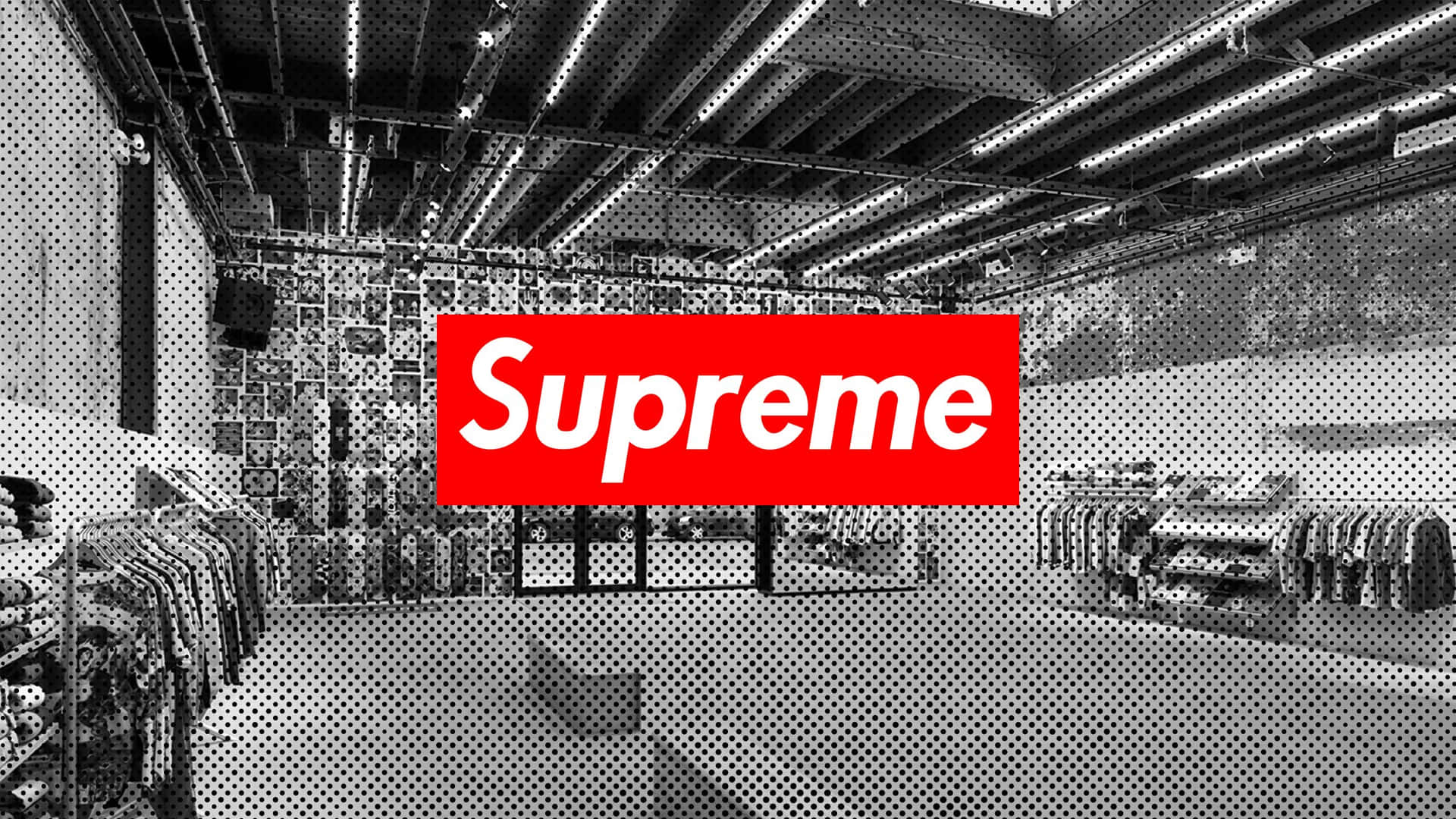 Et sort-hvid foto af en butik med ordet Supreme på det.
