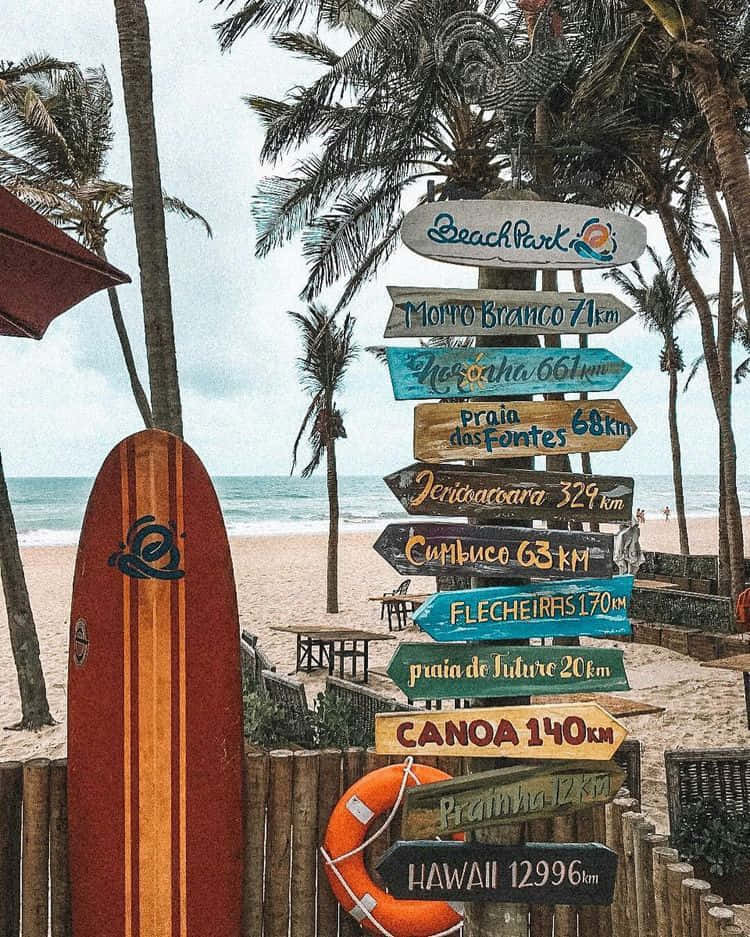 A Vibrant Surfboard Leaning Against a Beach Sign Wallpaper