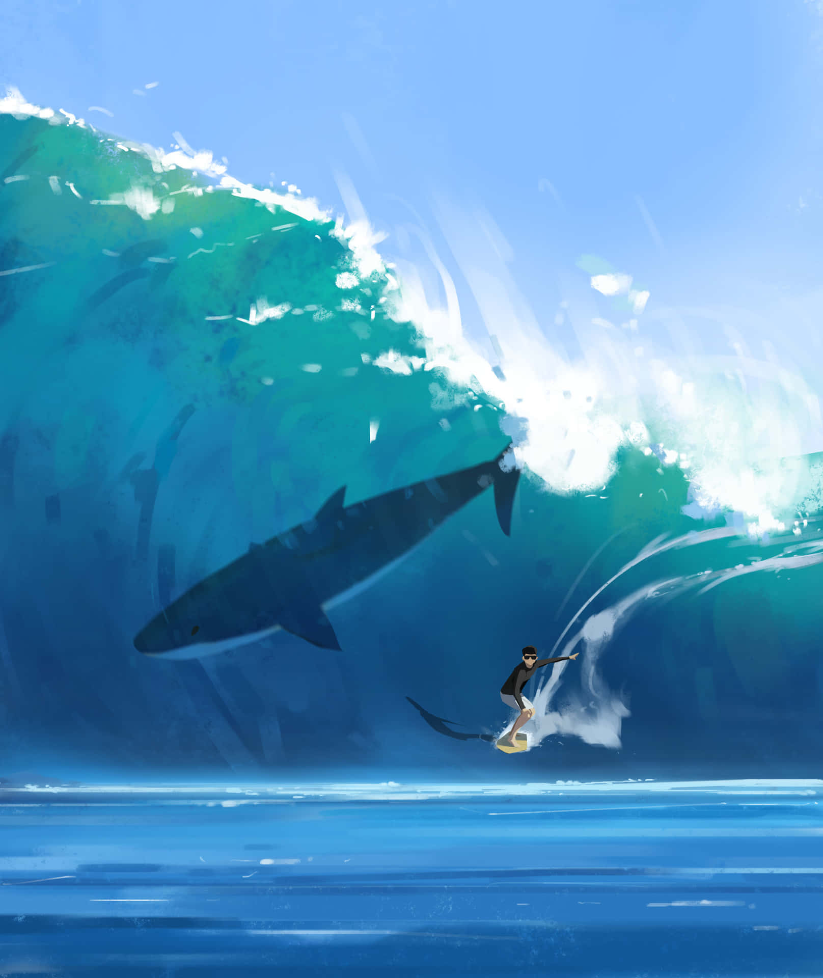 Surfer_and_ Reef_ Shark_ Encounter Wallpaper