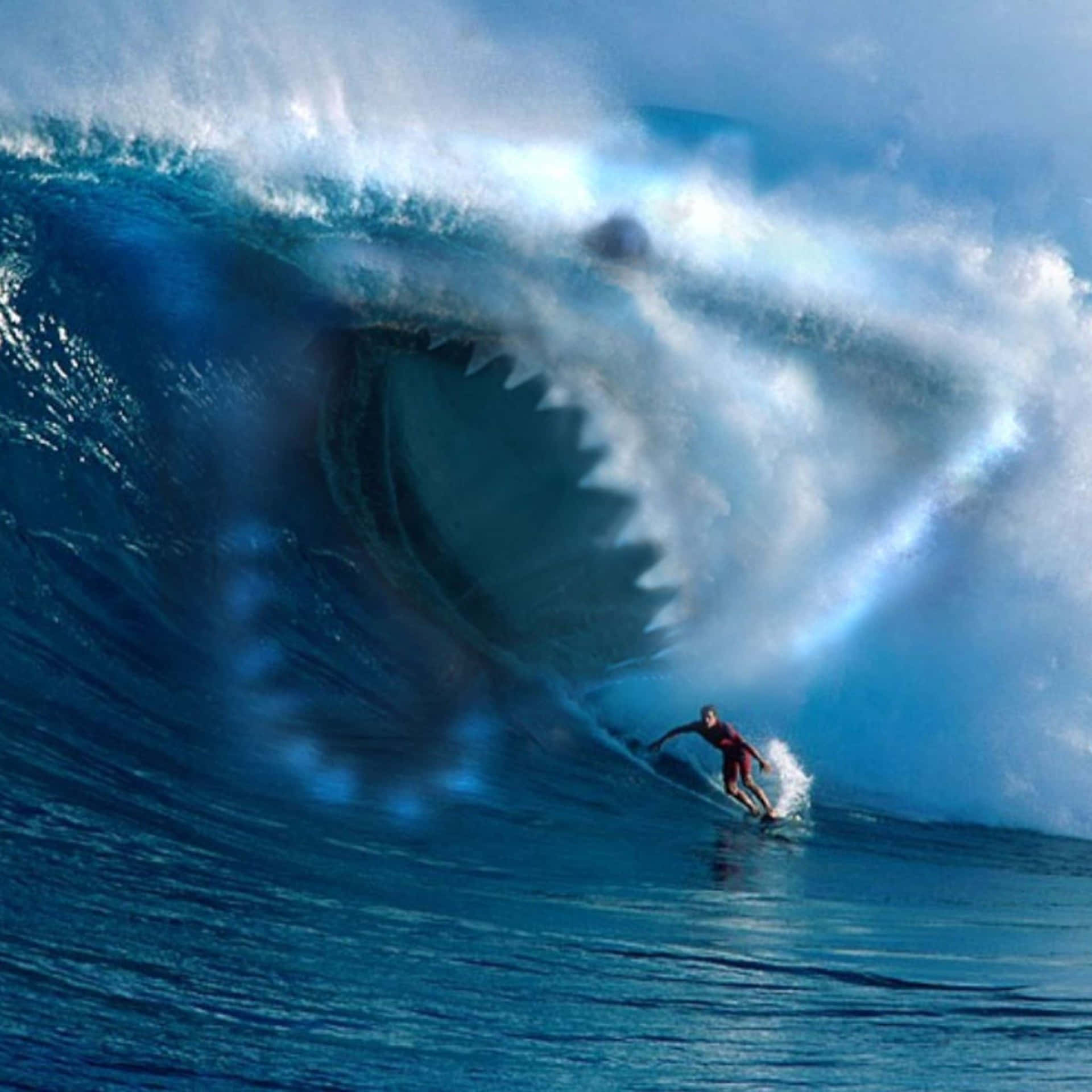 Surfer Escaping Shark Wave Wallpaper