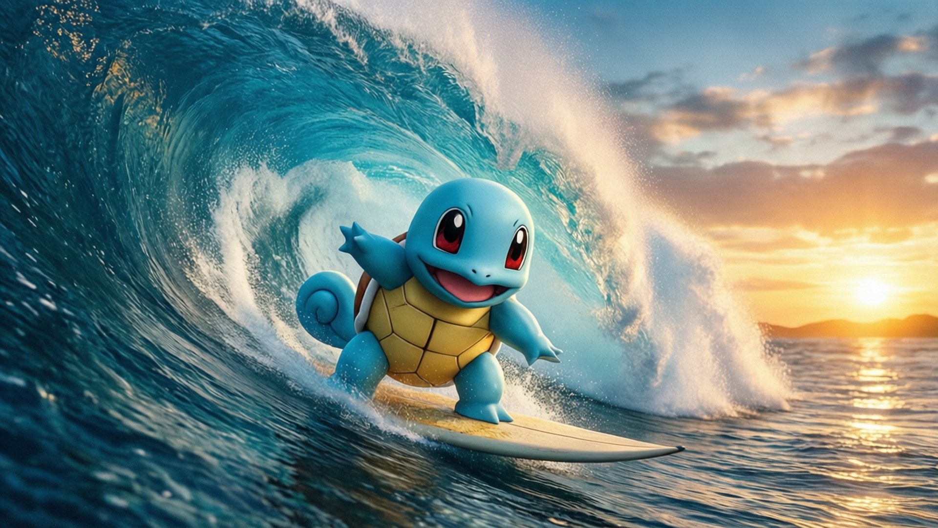 Squirtle surffaa valtavalla aallolla auringonlaskussa, dynaaminen ja värikäs taustakuva.