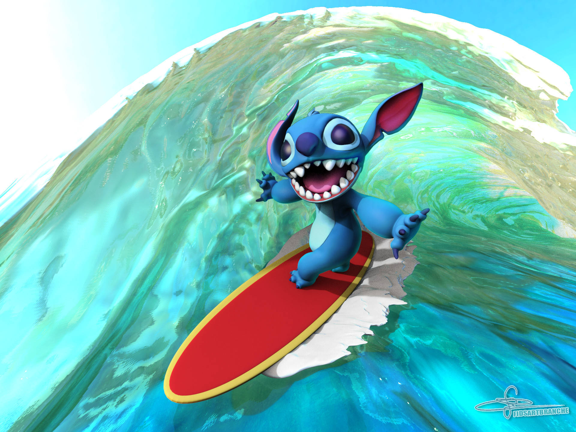 Surfing Stitch 3d Gengivet Wallpaper
