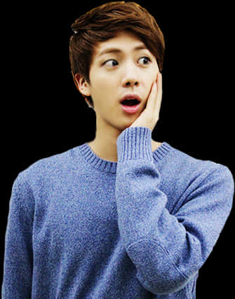 Surprised Expression Manin Blue Sweater PNG
