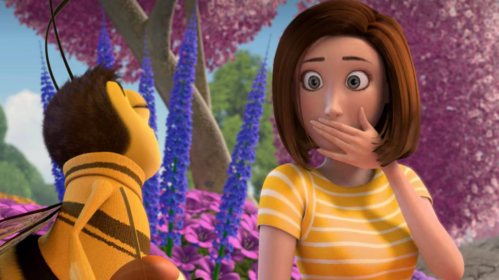 A Girl Is Holding Her Mouth Open While A Bee Is Standing Behind Her Wallpaper
