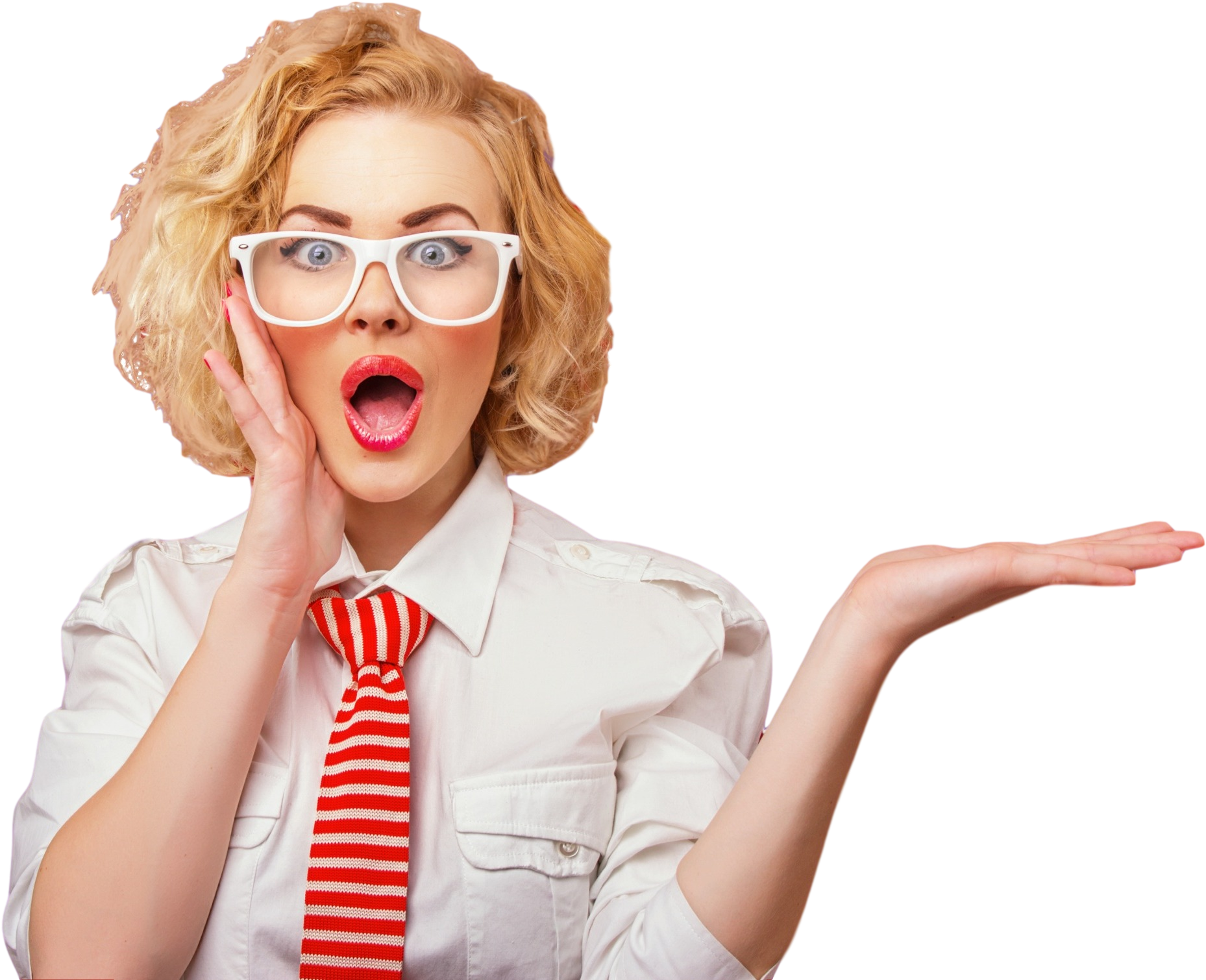 Surprised Woman Glasses Red Tie PNG