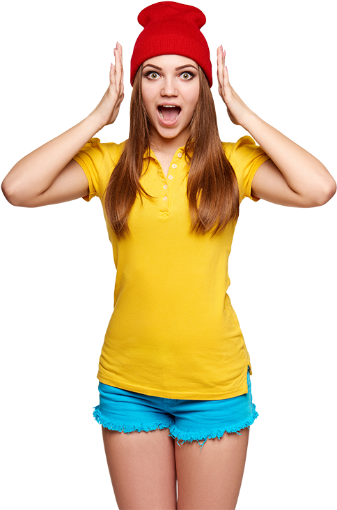 Surprised Womanin Red Beanieand Yellow Shirt PNG