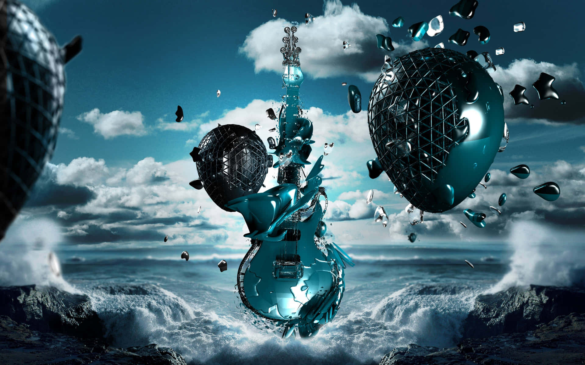 Eineblaue Gitarre Im Wasser Wallpaper