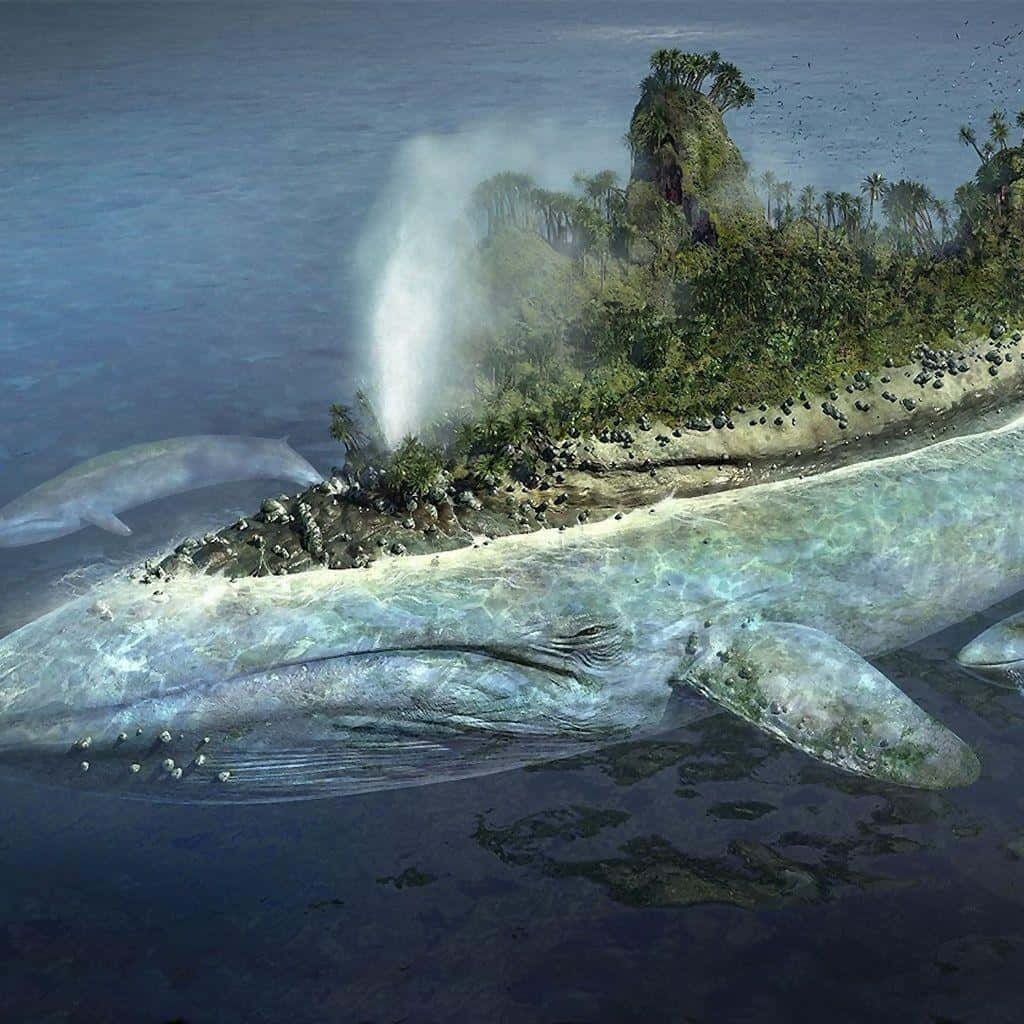 Surrealekunst: Blauer Wal Und Eine Sterbende Insel. Wallpaper