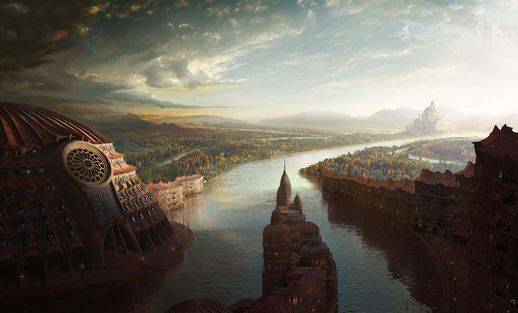 Surreal Art Fantasy River With City View Wallpaper