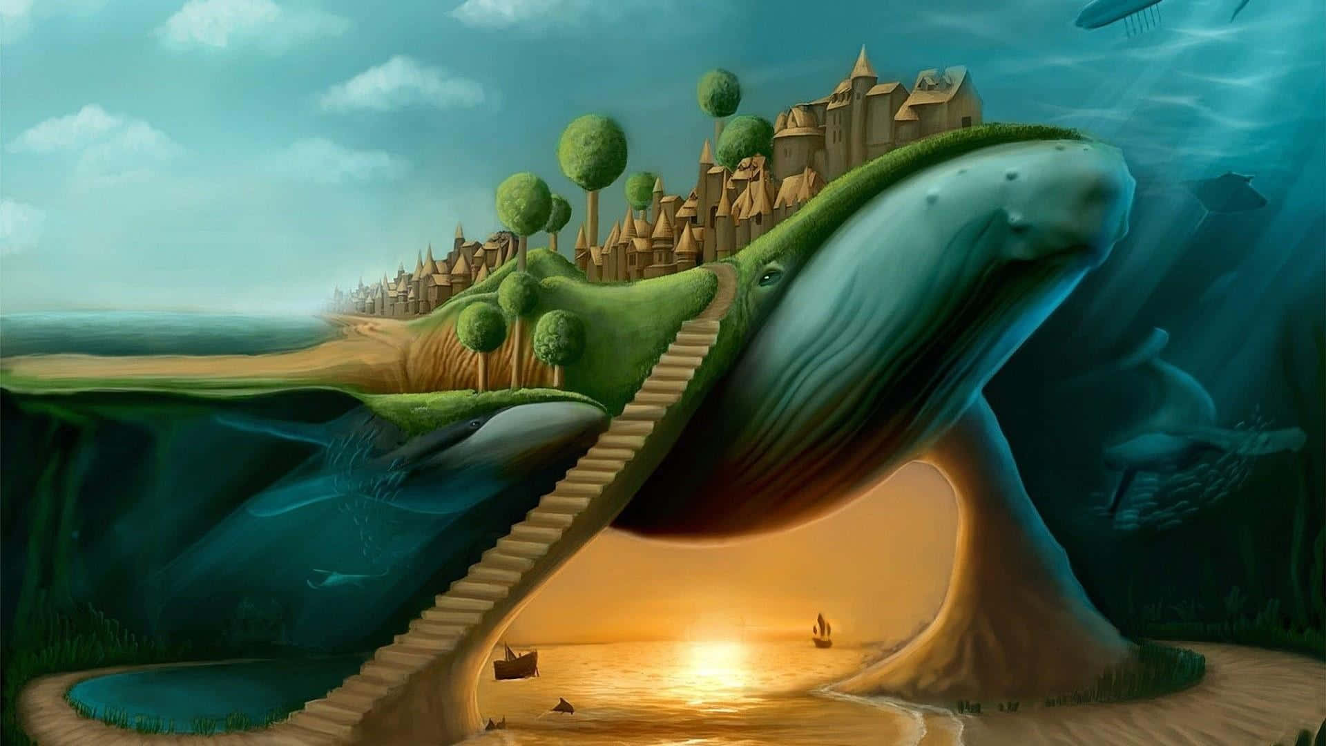 En hval svømmer i havet med en by på ryggen. Wallpaper