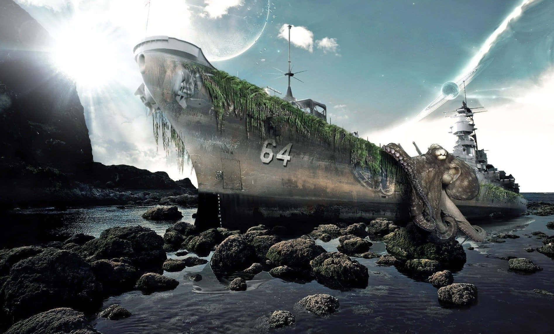 Surreal_ Battleship_ Octopus Wallpaper