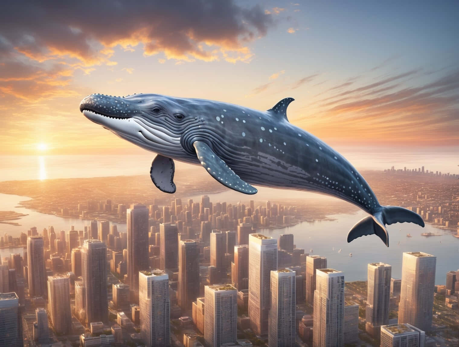 Surreal Cityscape Gray Whale Flying Wallpaper