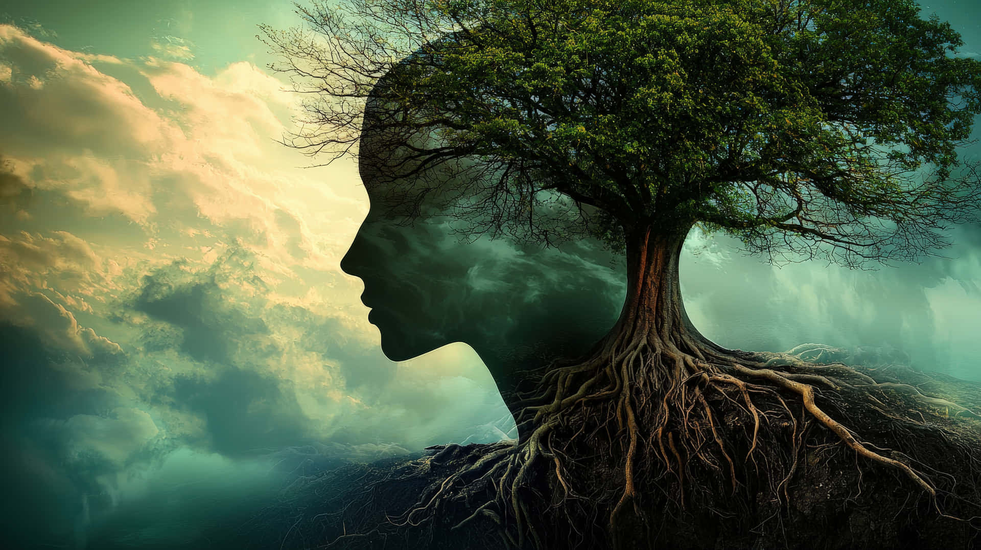 Surreal Face Merging With A Tree And Roots Wallpaper