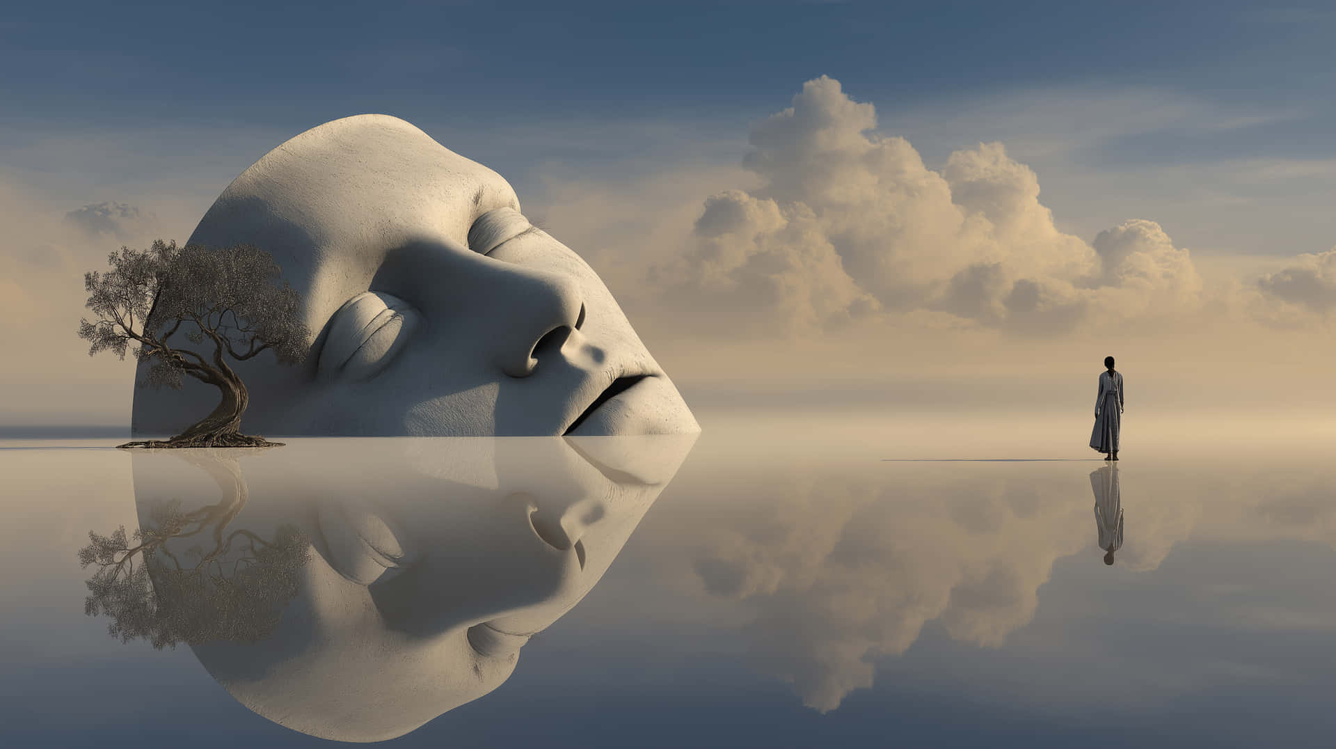 Surreal Landscape With Giant Sleeping Face And Lone Figure Reflecting Wallpaper