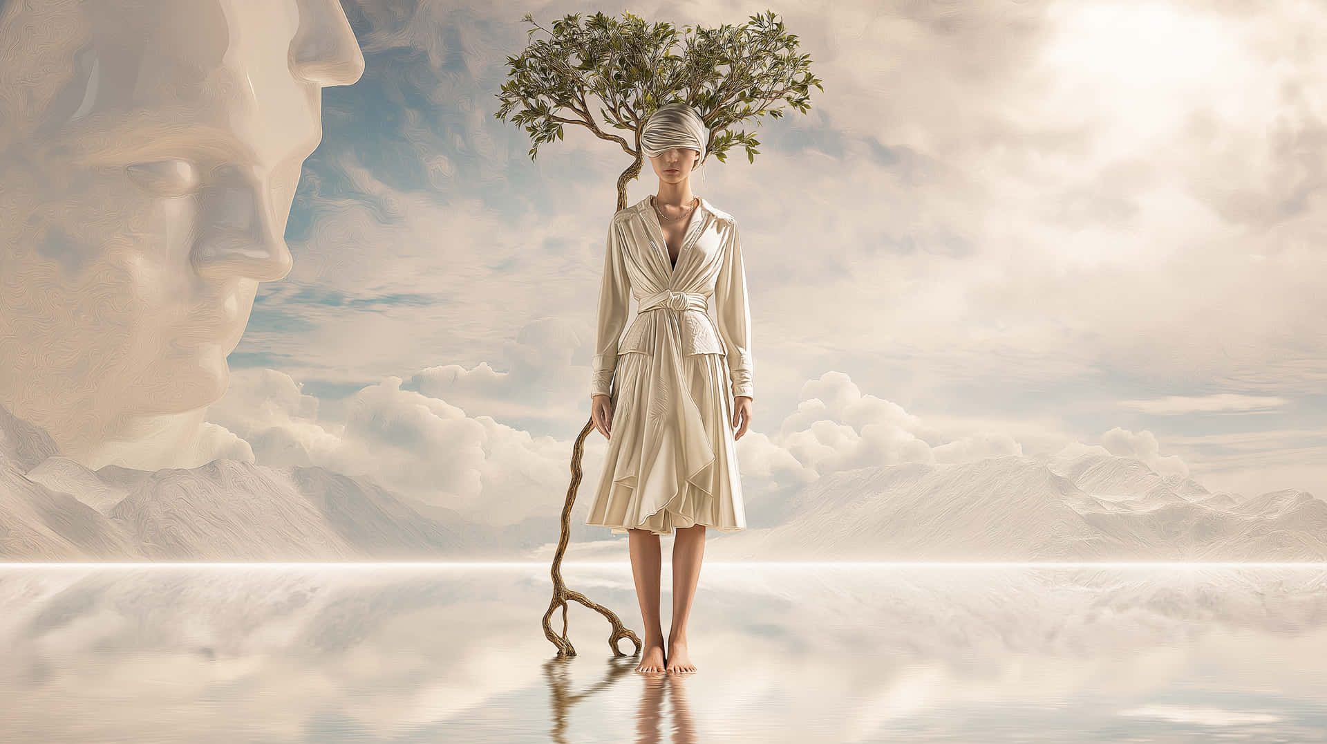 Surreal Landscape With Giant Sleeping Face And Lone Figure Reflecting Wallpaper