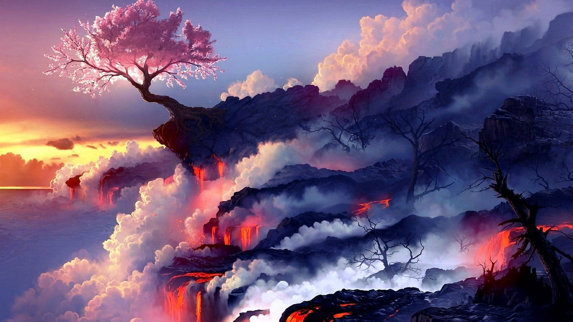 Surreal_ Lava_ Falls_and_ Blossom_ Tree Wallpaper