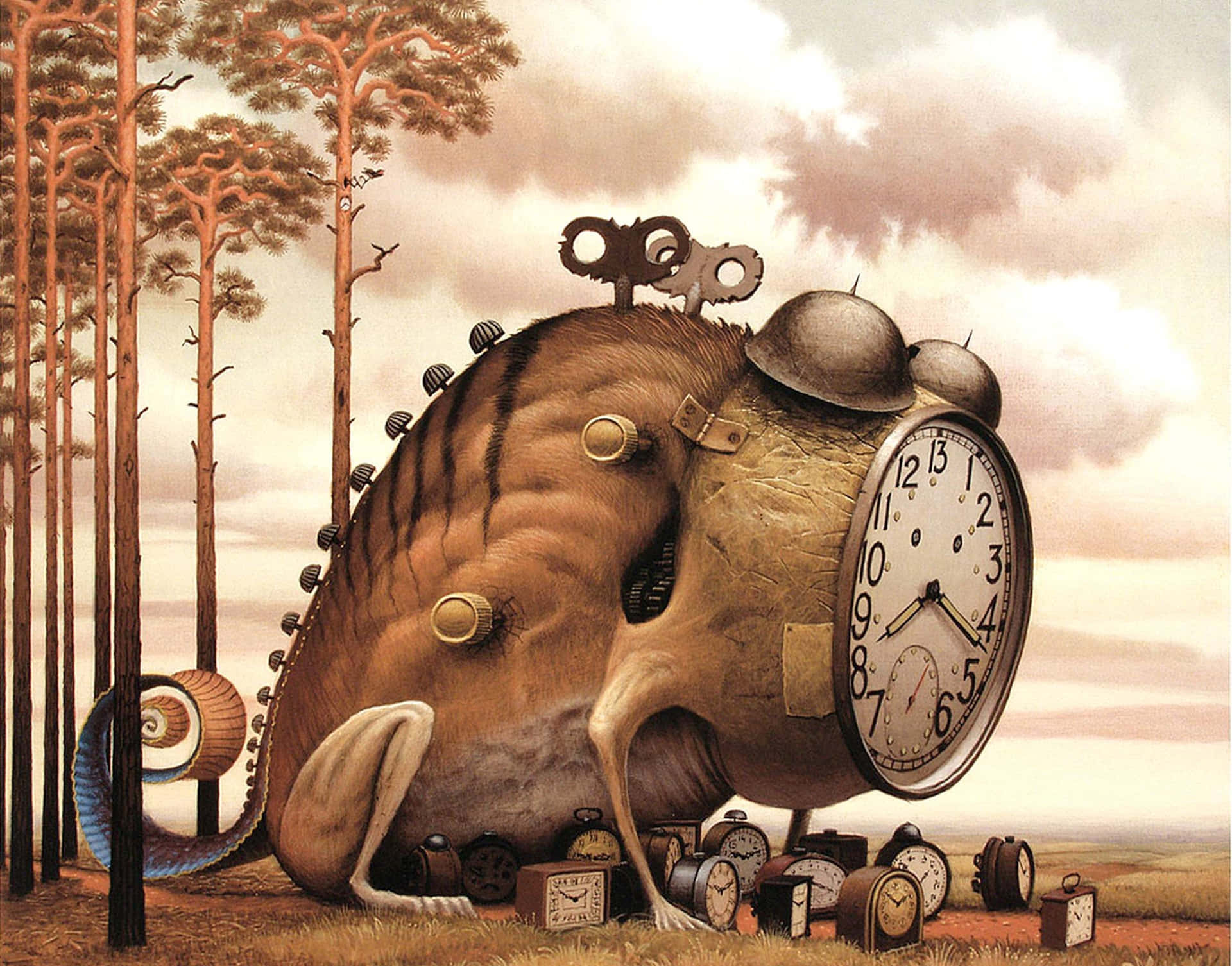 Surreal_ Mechanical_ Elephant_ Clock_ Forest Wallpaper