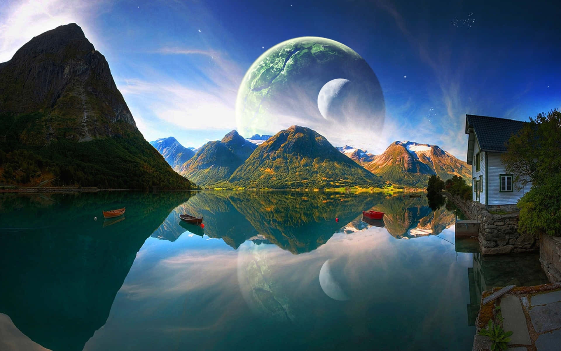 Surreal_ Mountain_ Lake_with_ Giant_ Planet Wallpaper