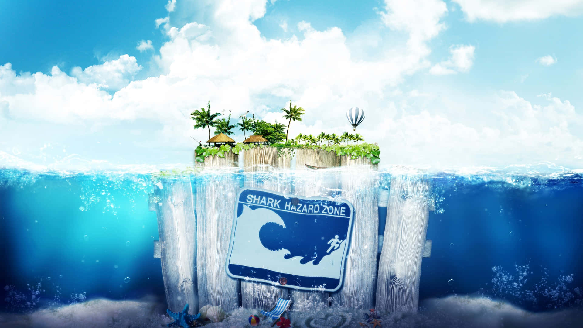 Surreal Shark Hazard Island Fantasy Wallpaper