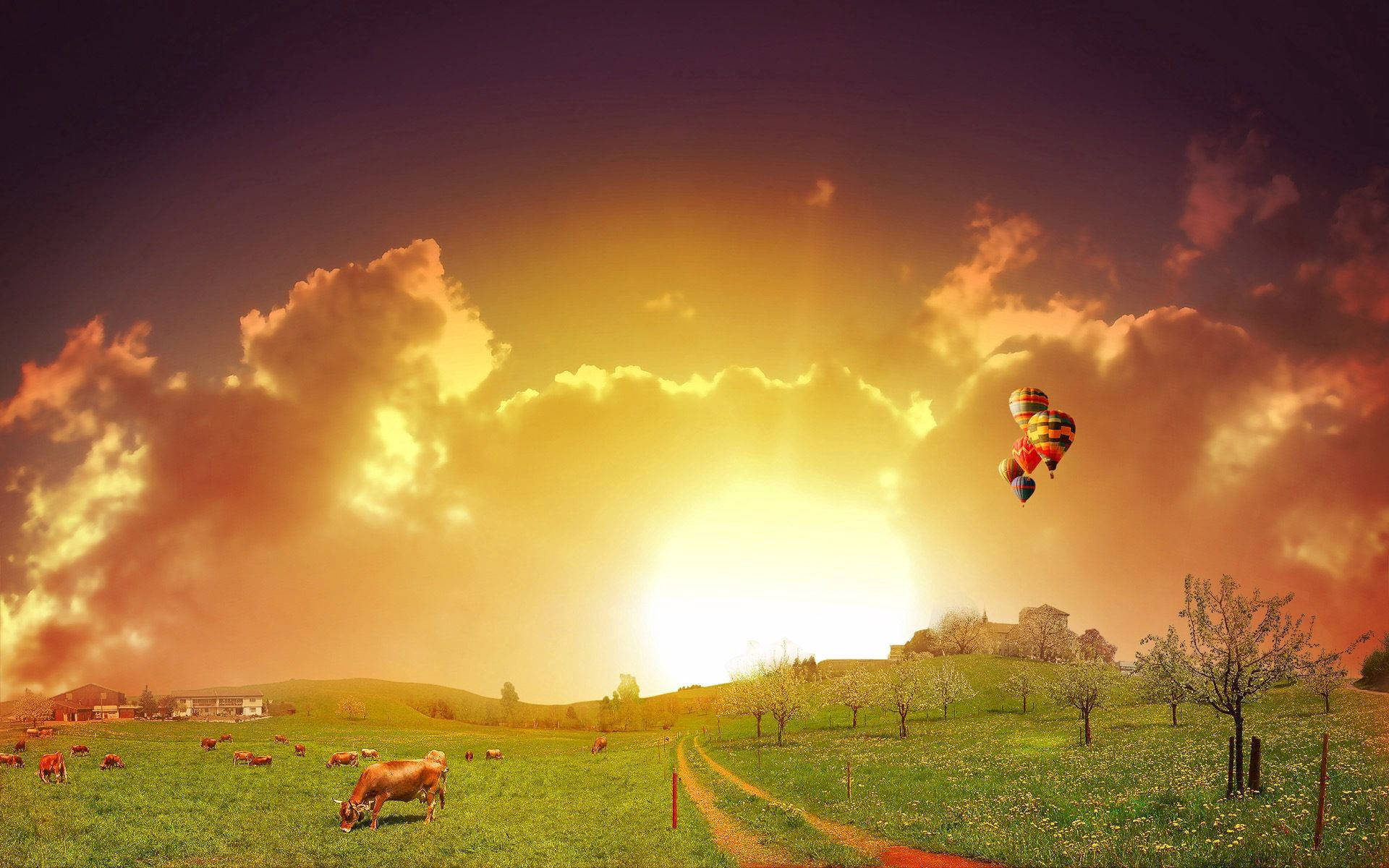 Surreal Sunny Meadow And Cow Wallpaper