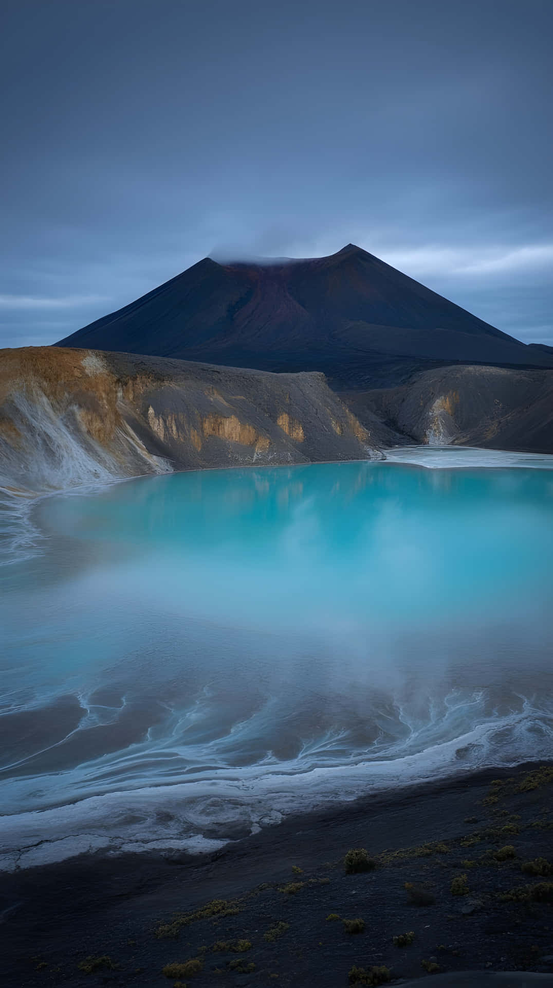 Surreal Volcanic Landscape With Turquoise Steaming Lake At Twilight Wallpaper
