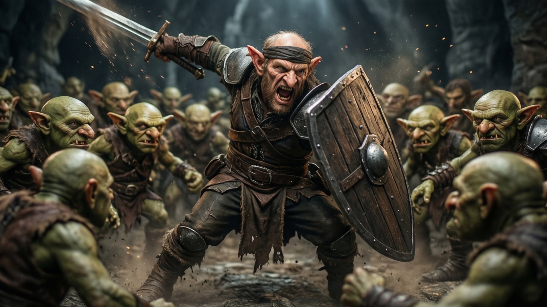 Goblin Slayer kjemper mot en horde gobliner i en hule.