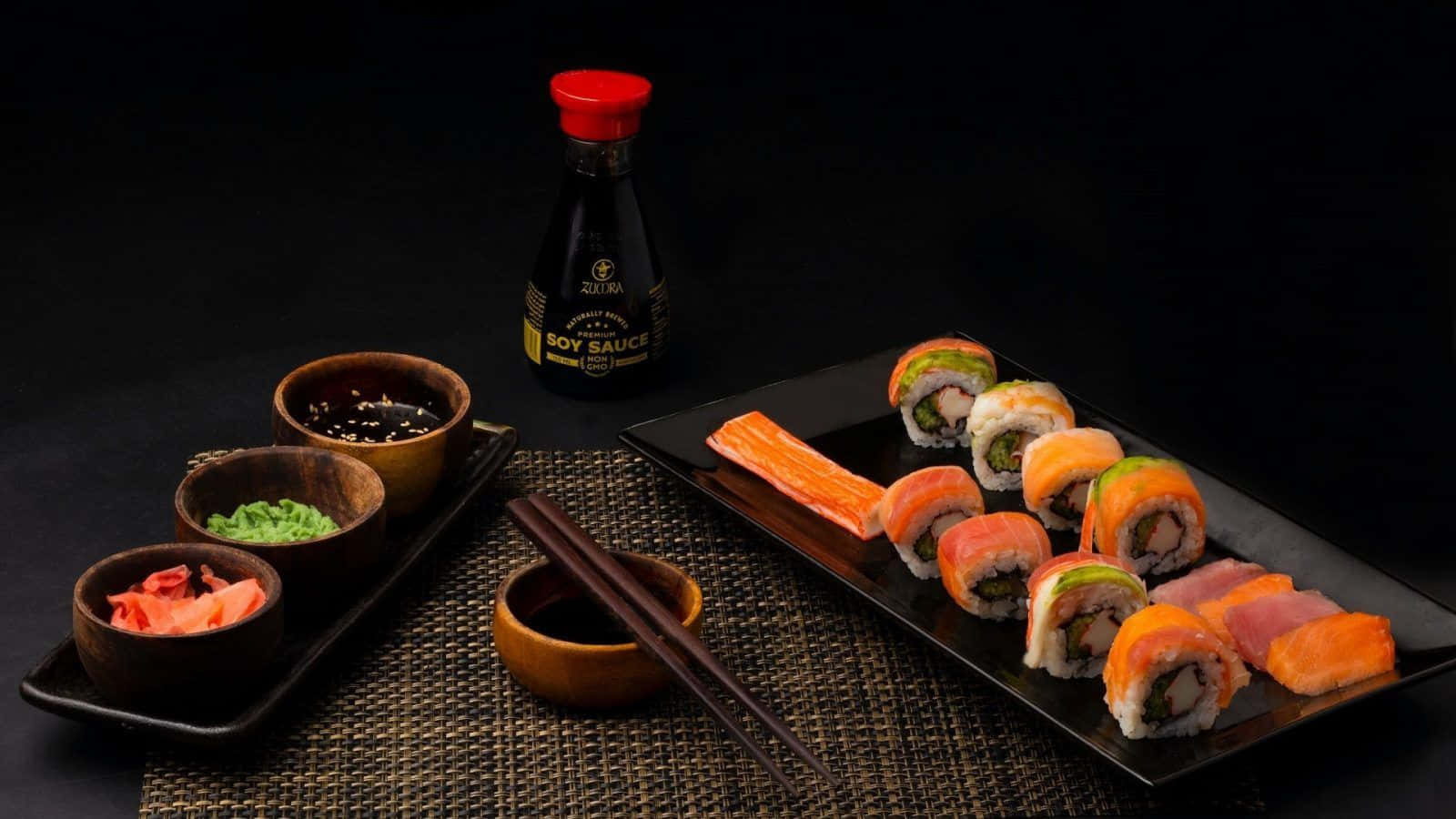Delicious assortment of sushi rolls on a wooden serving platter