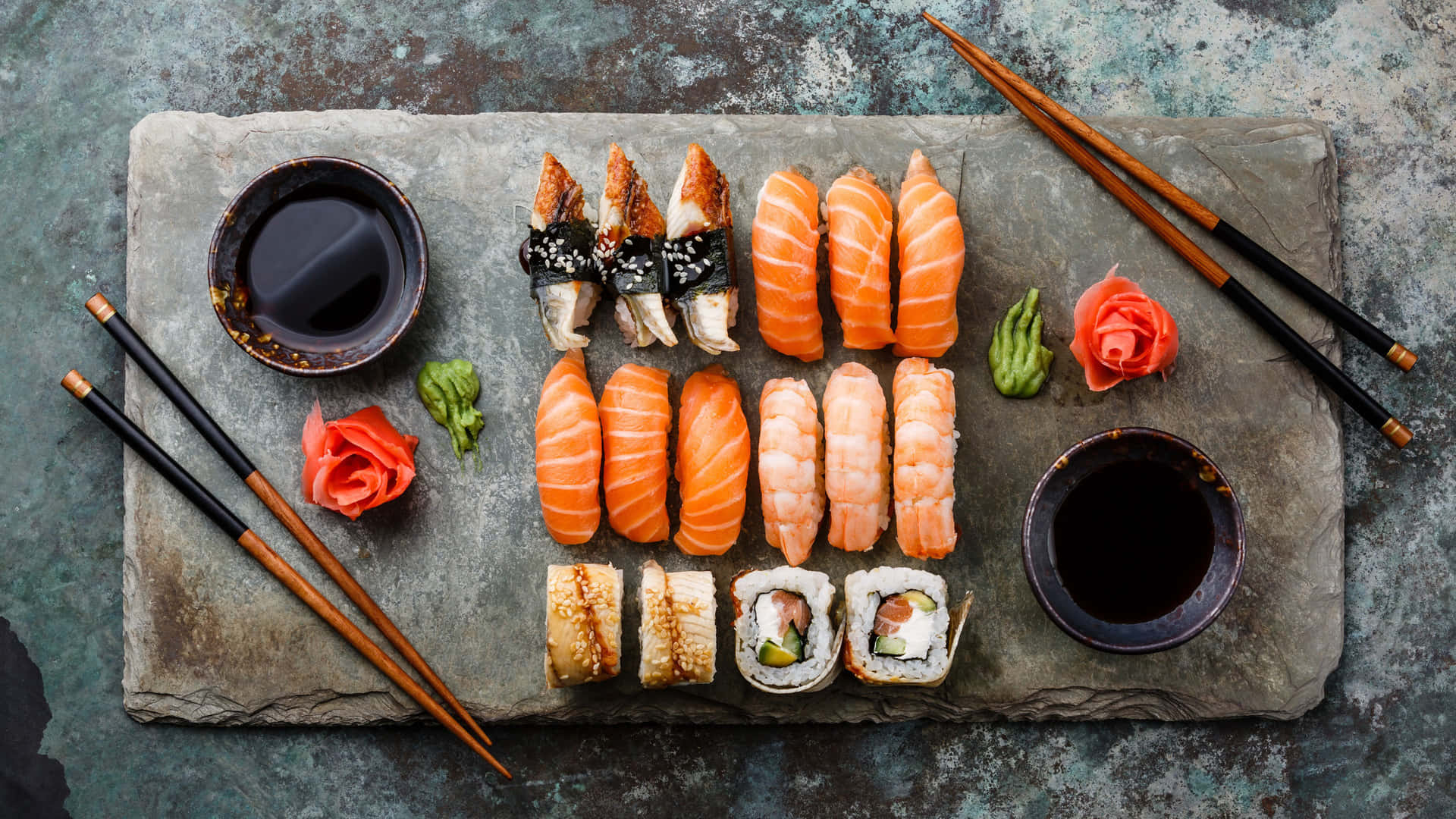 Delectable Sushi Platter on a Black Background