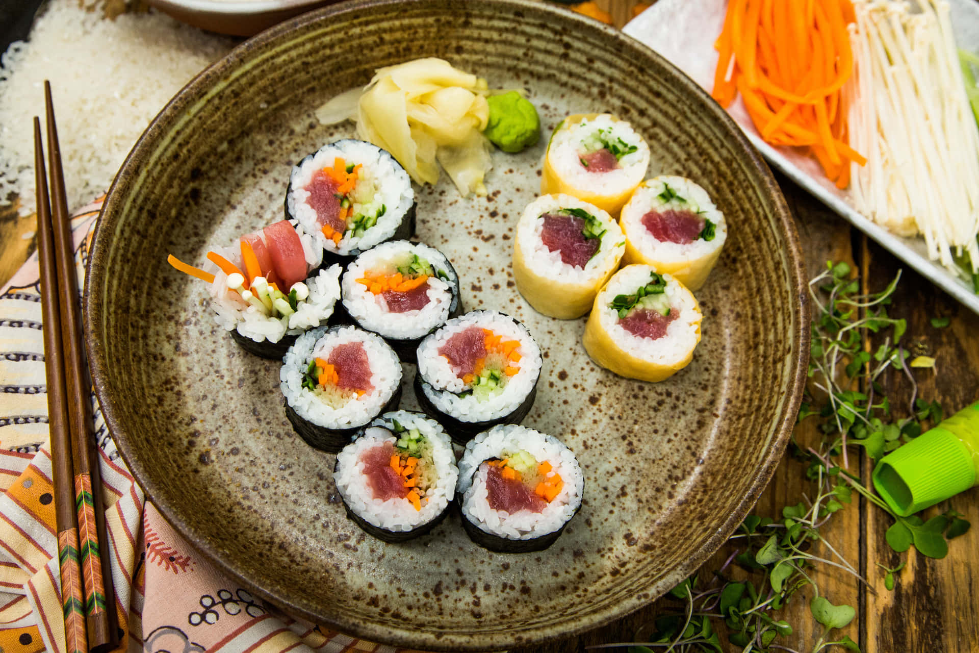 Enjoy a delicious array of sushi on a beautiful wooden platter.
