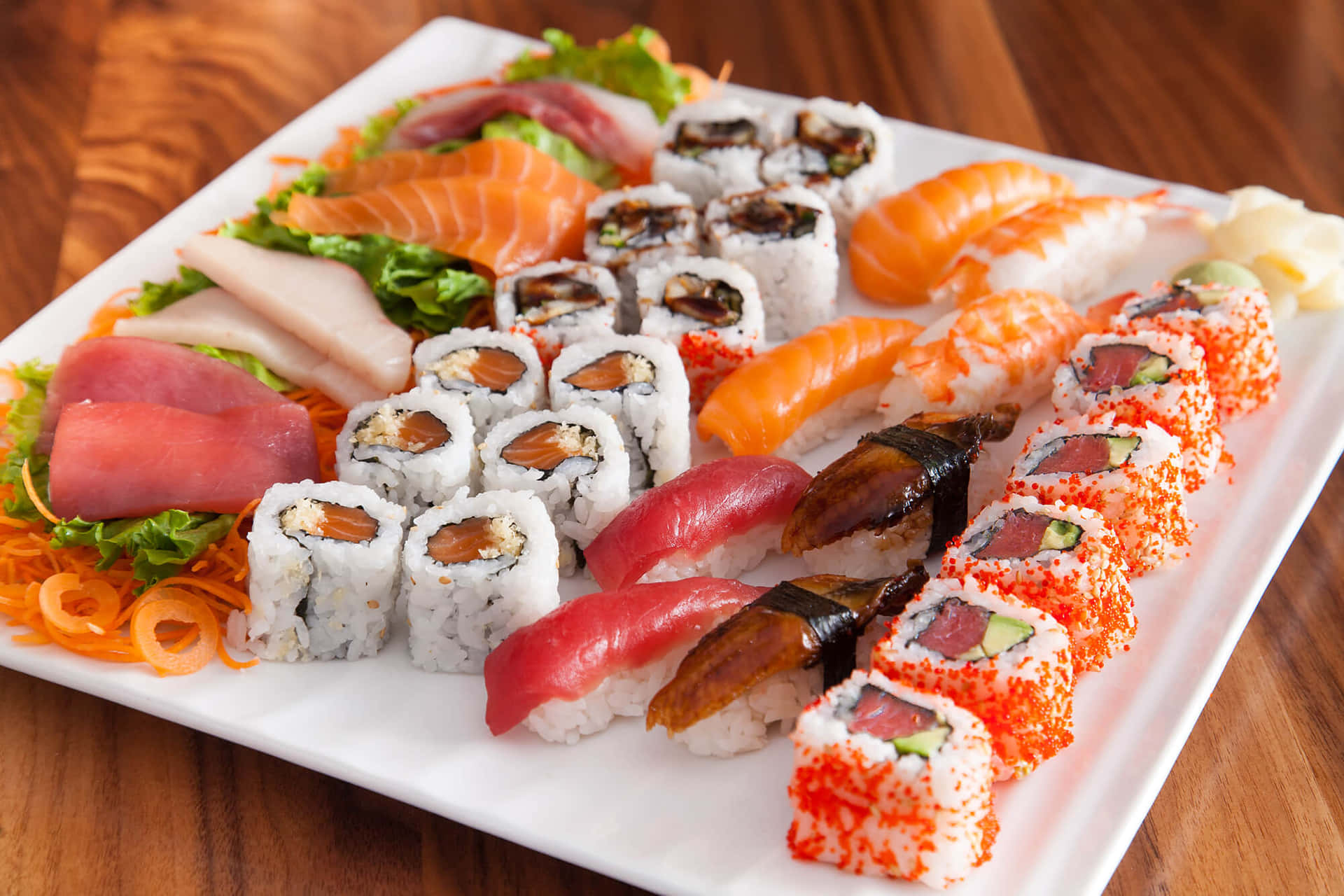 An assortement of sushi and maki rolls, sushi rolls and Japanese delights