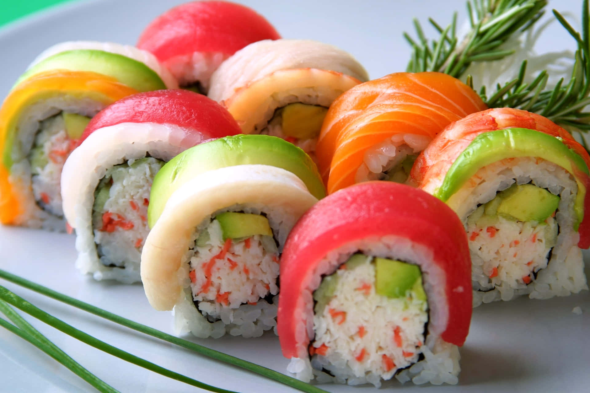 Enjoy a delicious plate of sushi with the perfect combination of freshly cut fish, vegetables, and shoyu