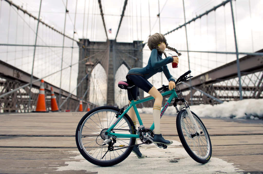 Suzuha Amane in an action pose with her bicycle in a beautiful cityscape Wallpaper