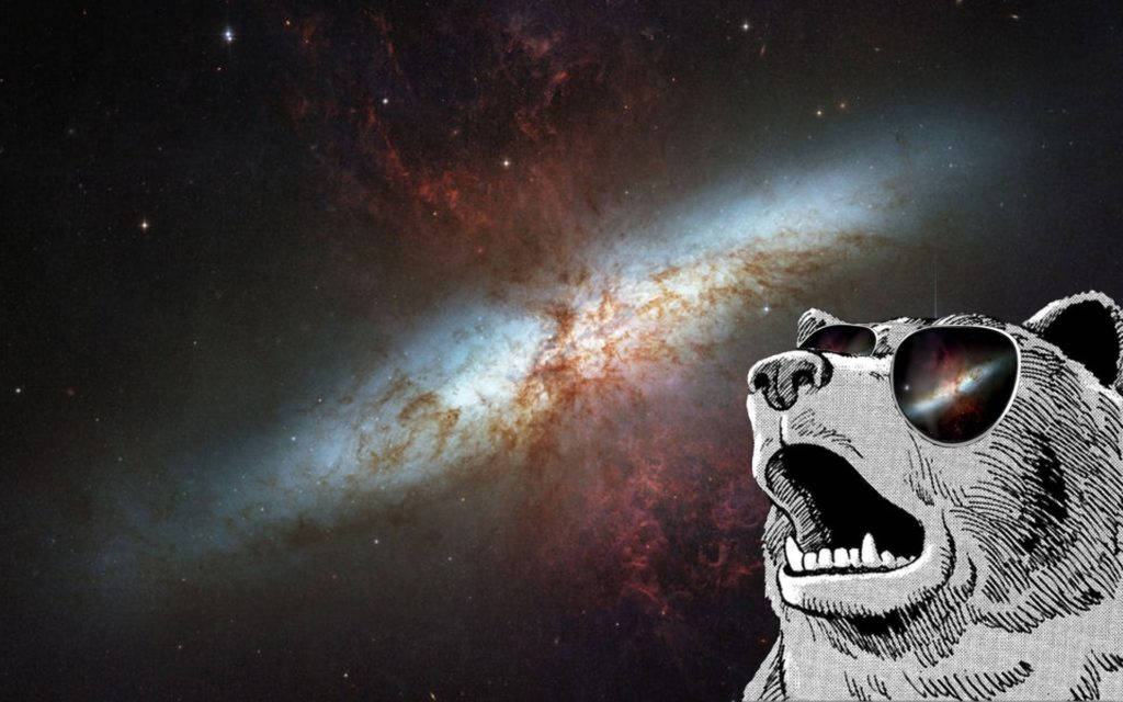 Swag bear meme with shades on and an open mouth on a galaxy background.