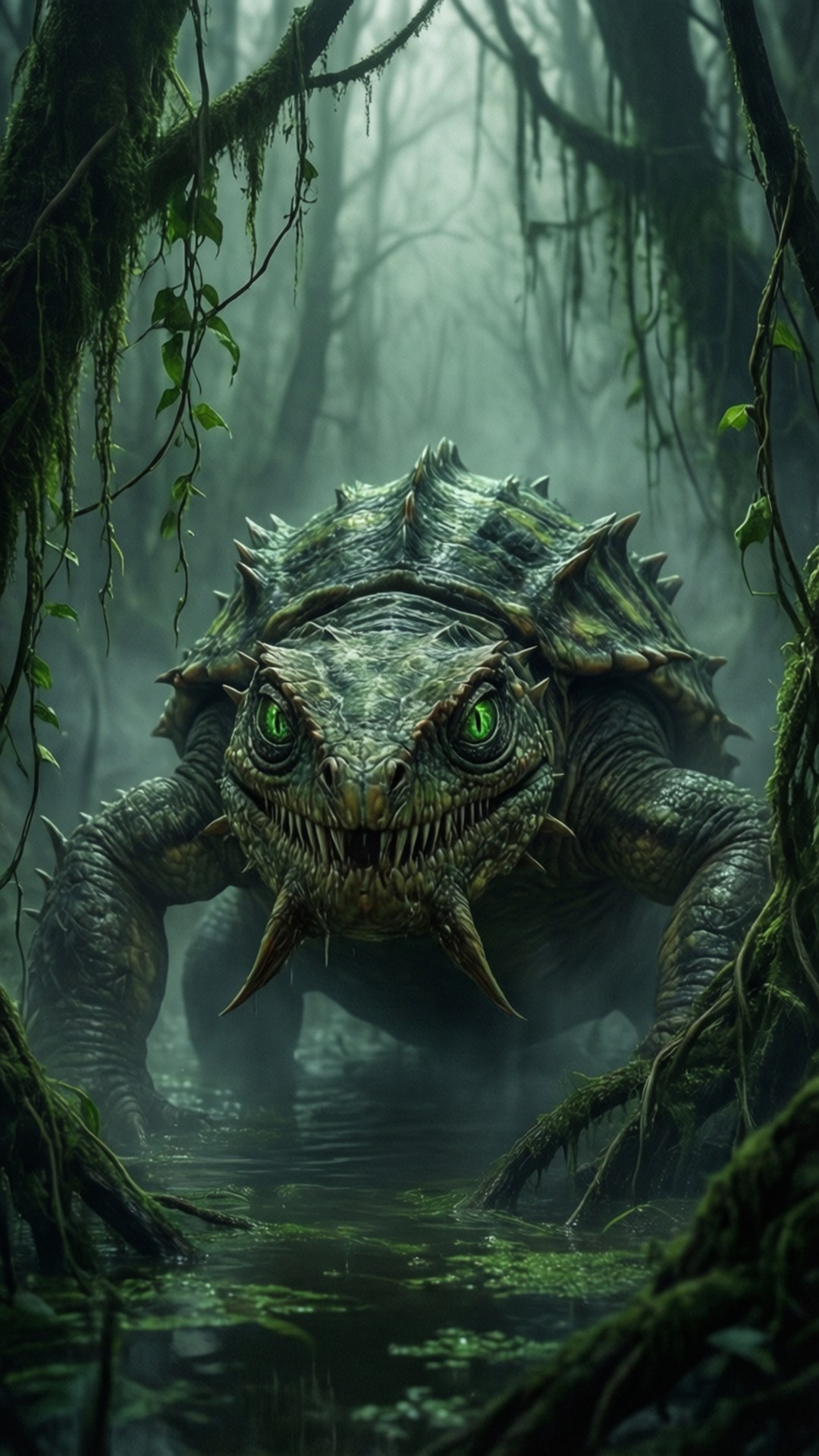 Bastiodon stalking through a misty swamp