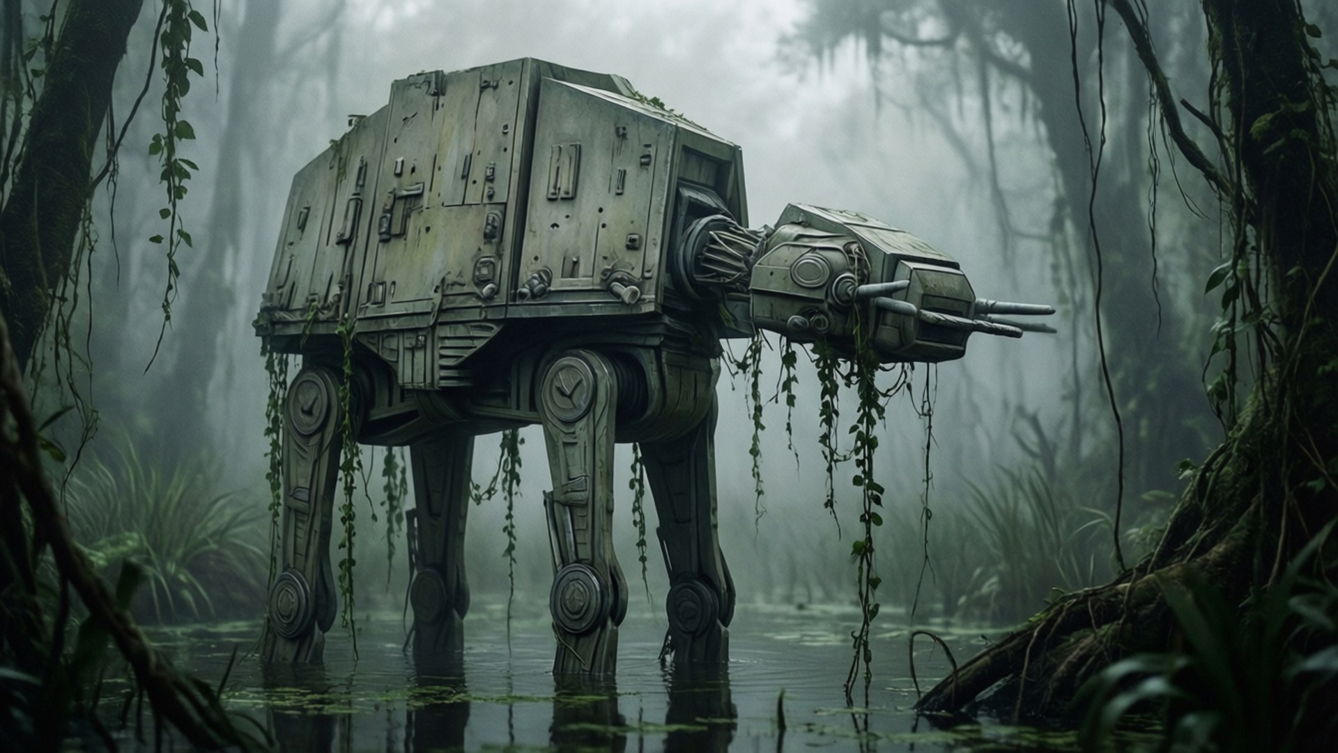 AT-AT walker stranded in a misty swamp with hanging vines.