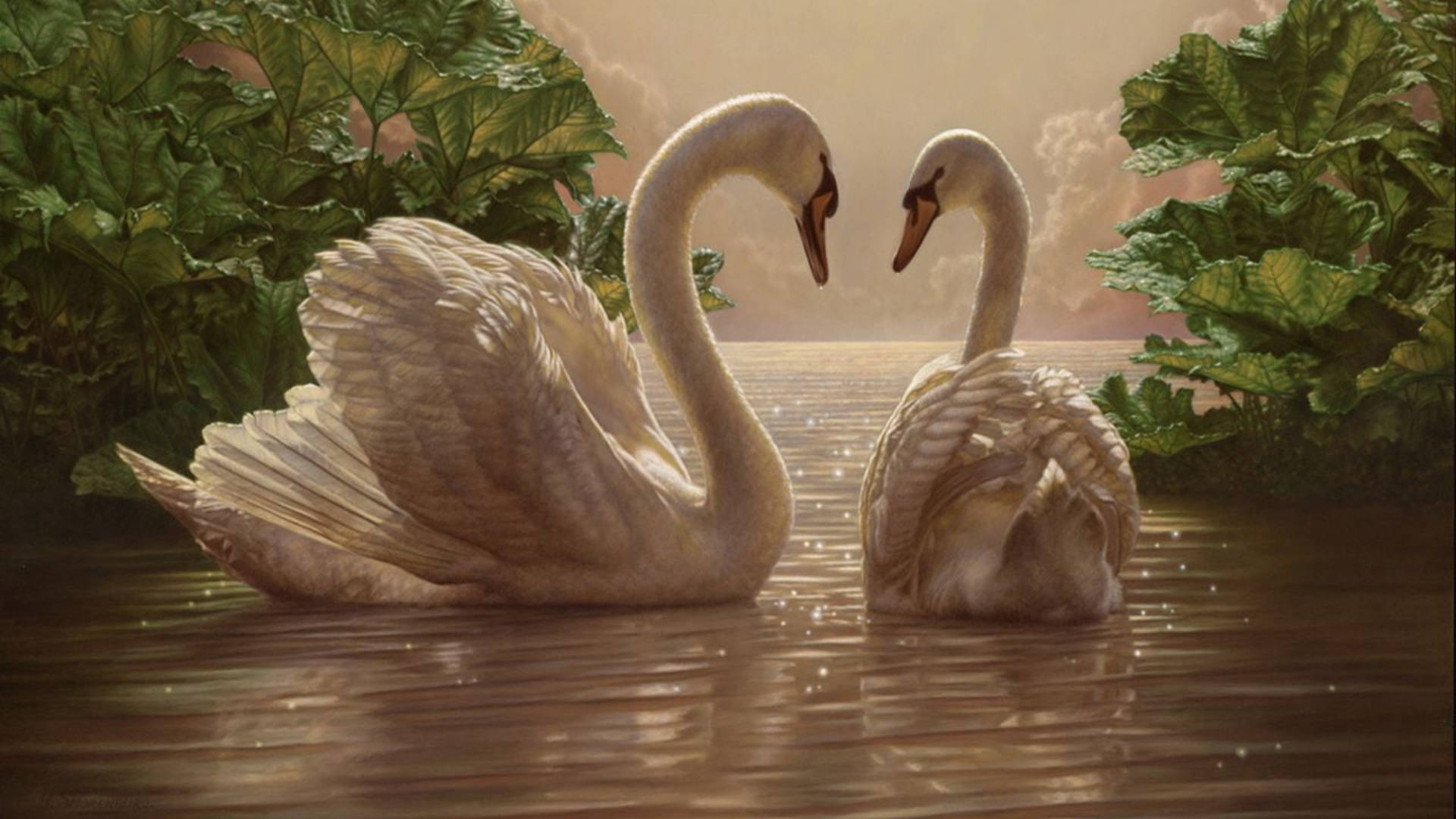 Swan Love Birds Painting Wallpaper