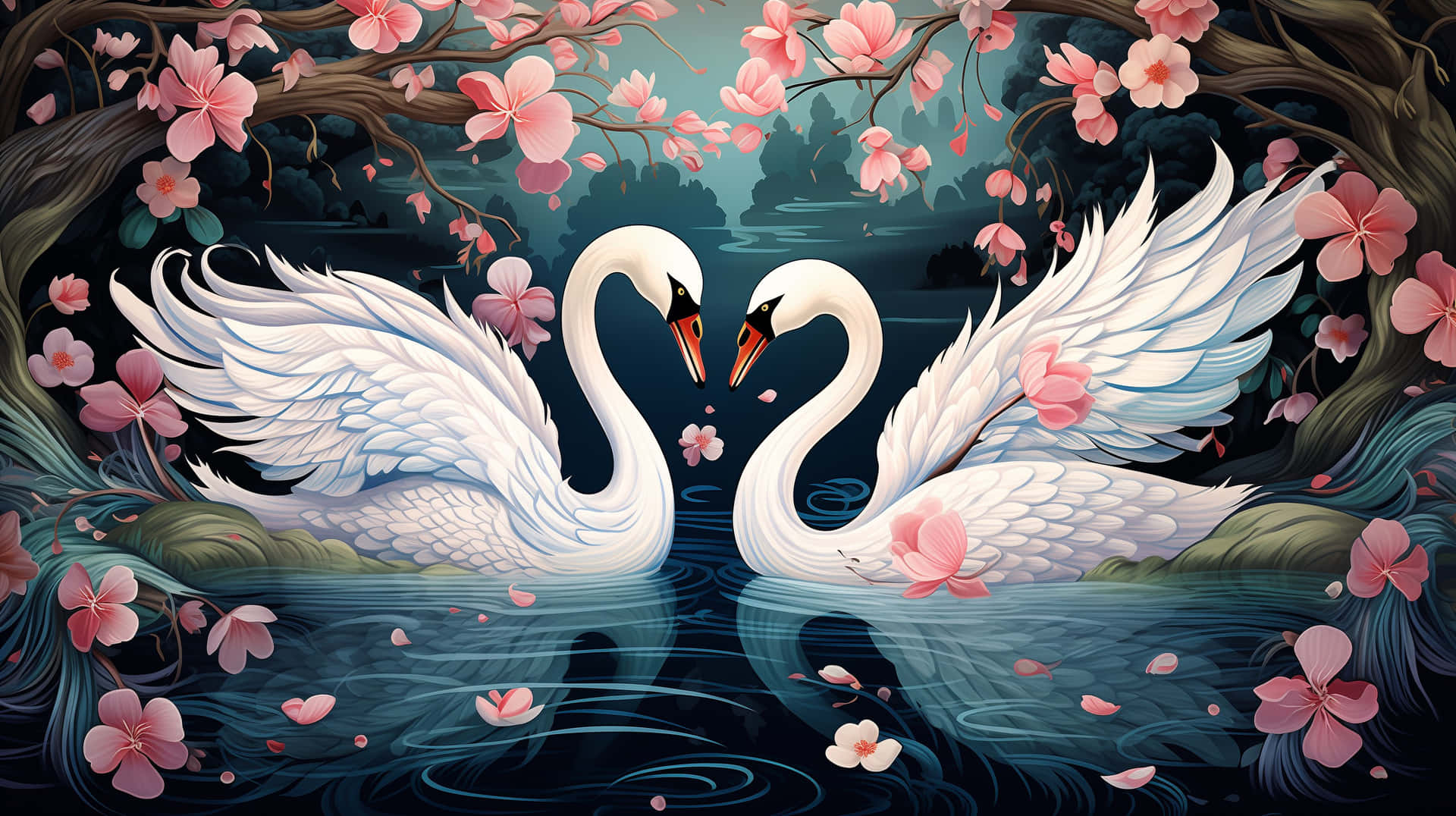 Swan Love Floral Fantasy Artwork Wallpaper