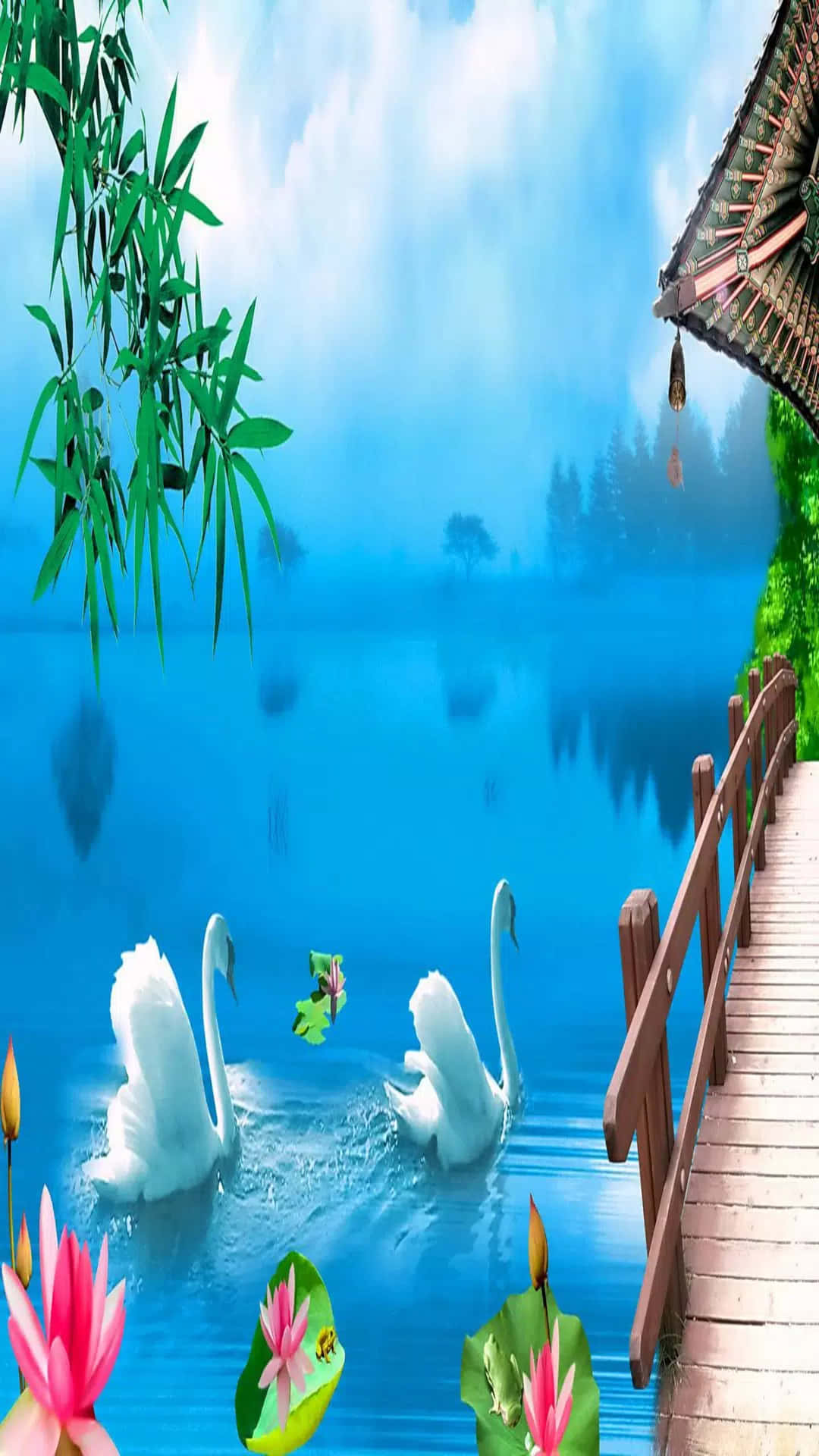 Operad'arte Di Un Cigno Che Nuota Su Un'immagine Del Lago Dei Fiori Di Loto