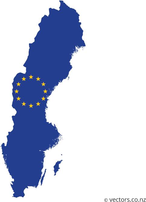 Et stiliseret kort over Sverige overlejret med Den Europæiske Unions flagstjerner, mod en grå baggrund.