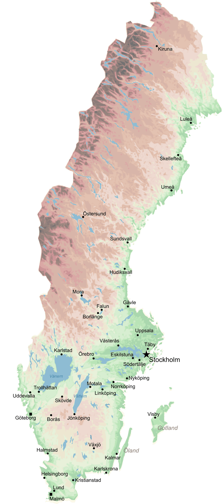 Sweden Topographic Mapwith Cities PNG