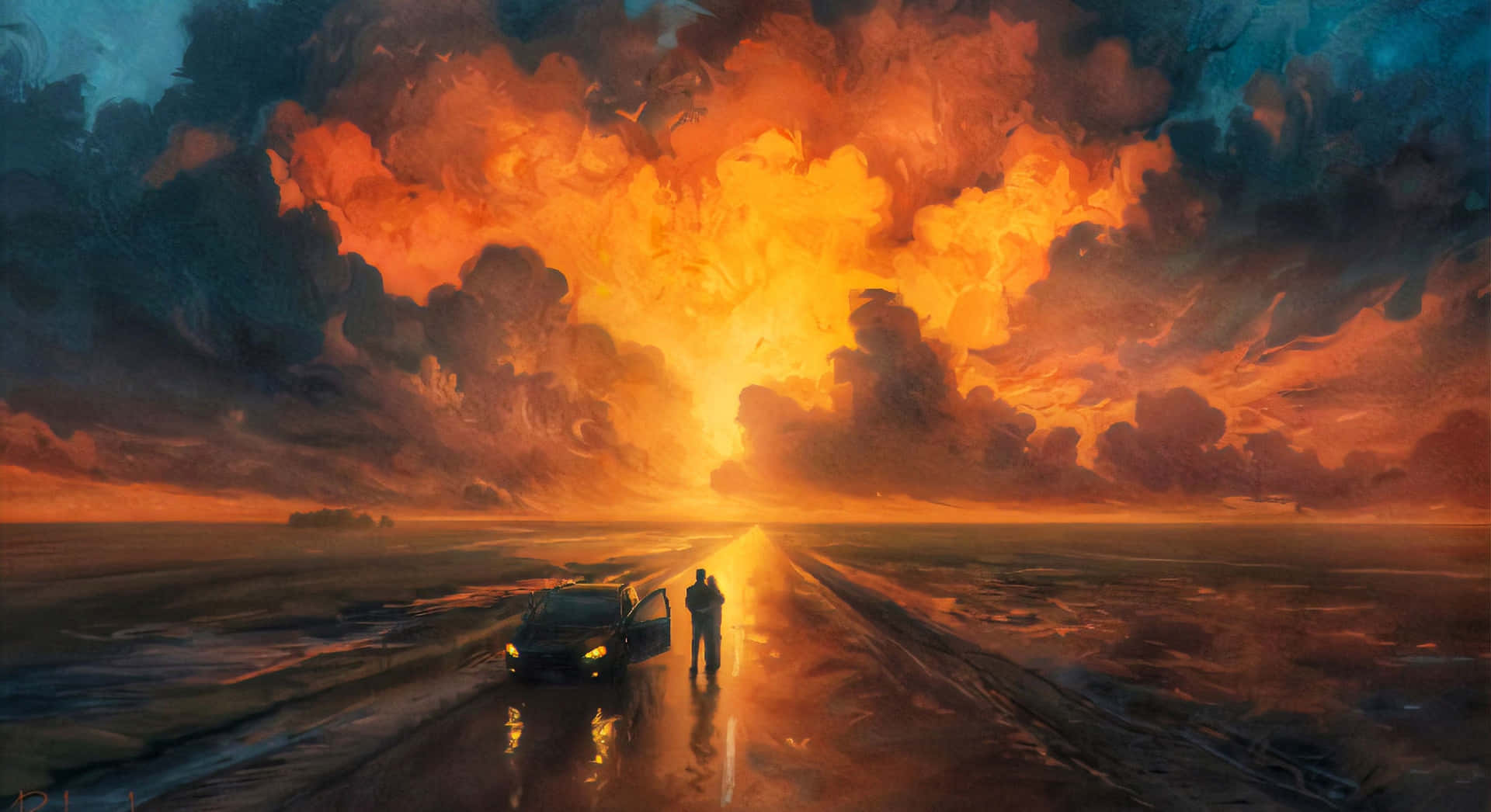 A Painting Of A Car Driving Down A Road With A Fire