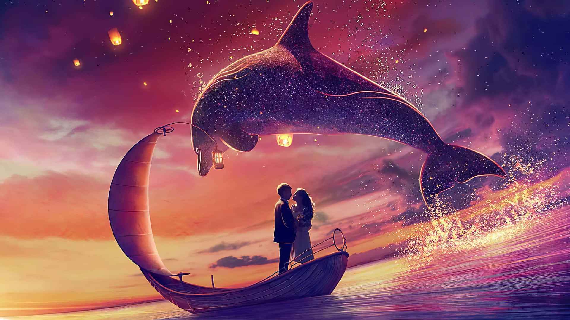 A Couple On A Boat With A Dolphin On The Side