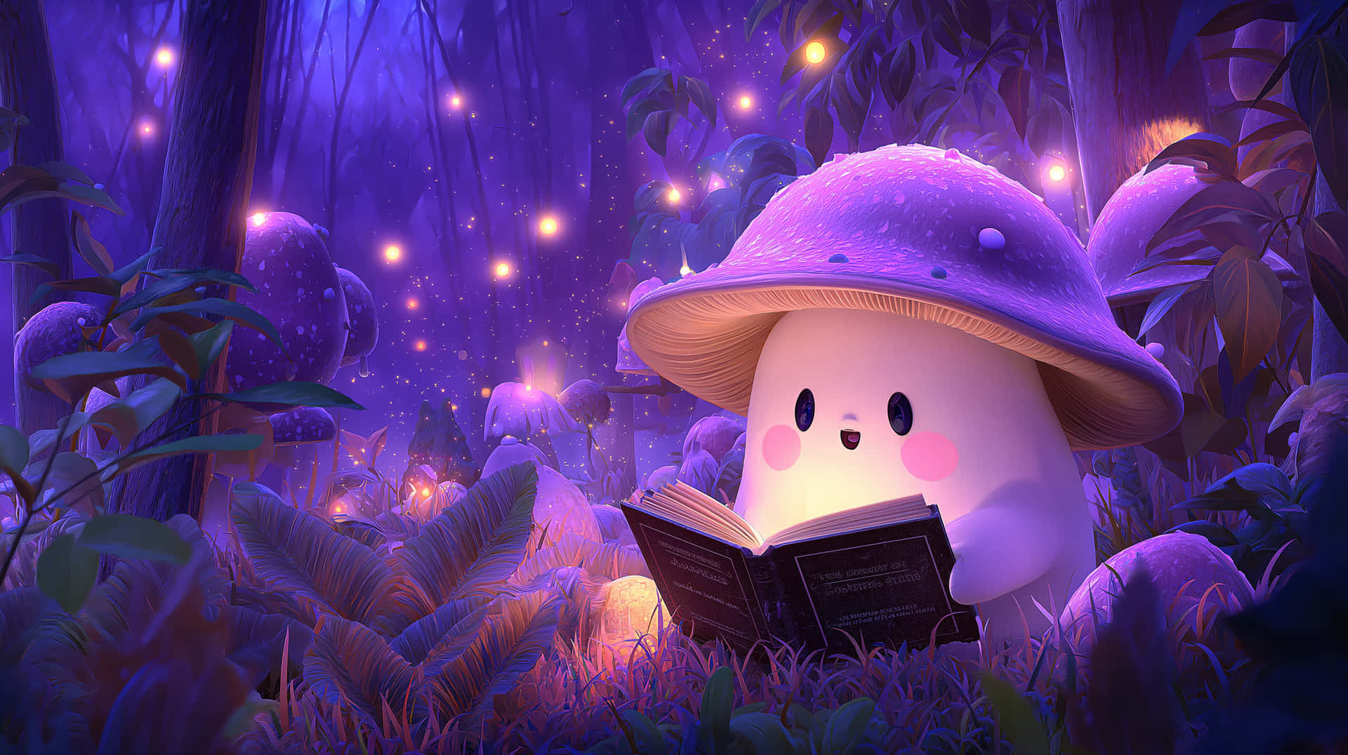 Sweet Mushroom Character Reading In Enchanted Forest Wallpaper