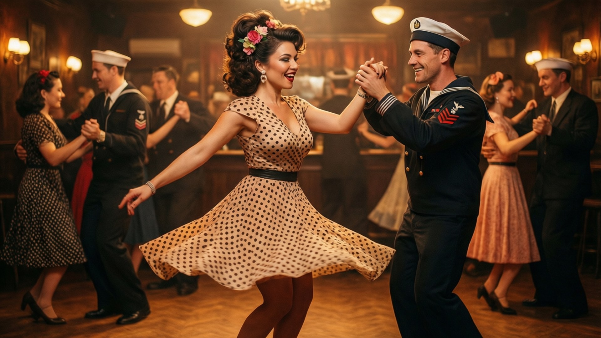 En smilende sjømann og pinup-kvinne danser i en 1940-talls ballsal med andre par.