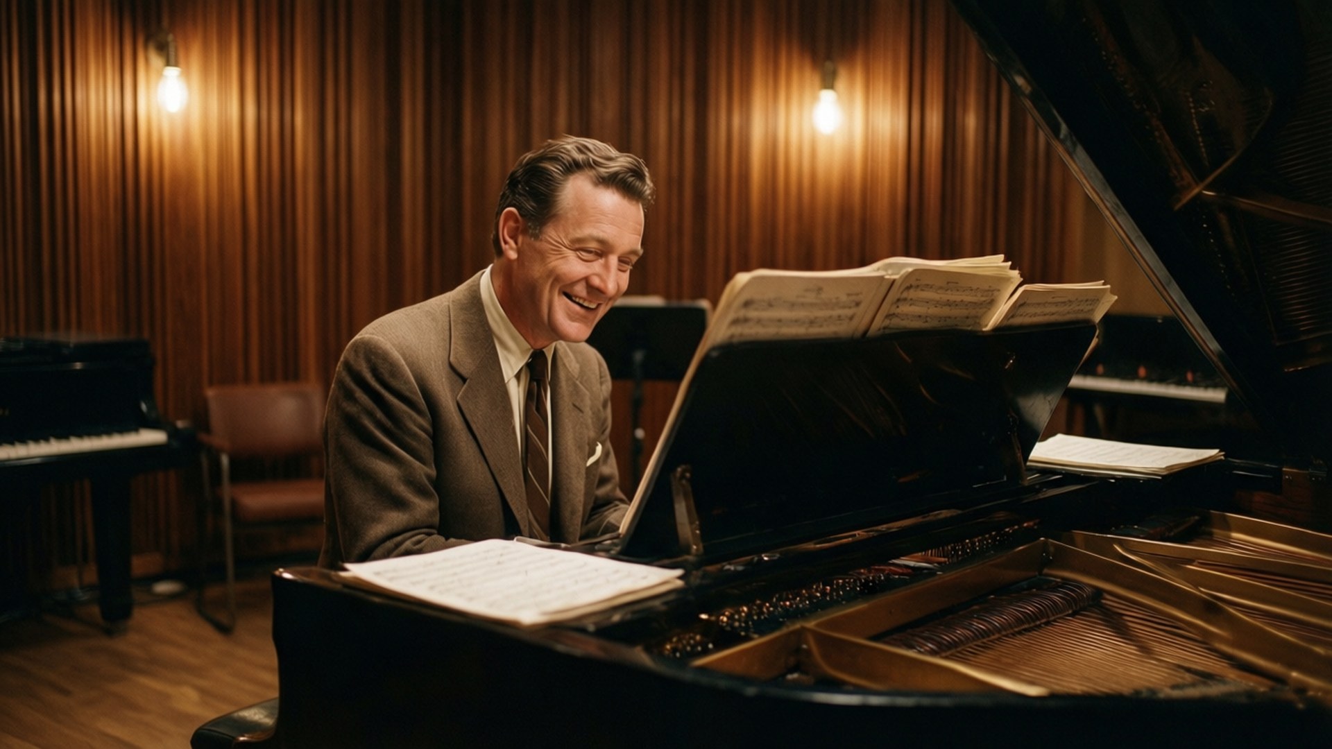 Harry James conducting his orchestra in a vintage recording studio.