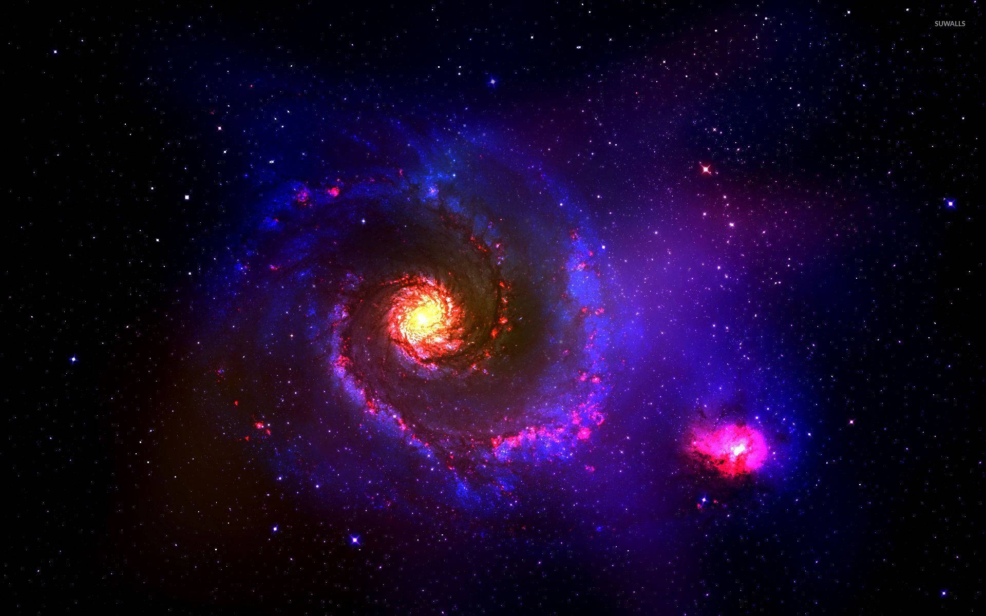 Experience a celestial journey into a swirling blue and purple galaxy Wallpaper