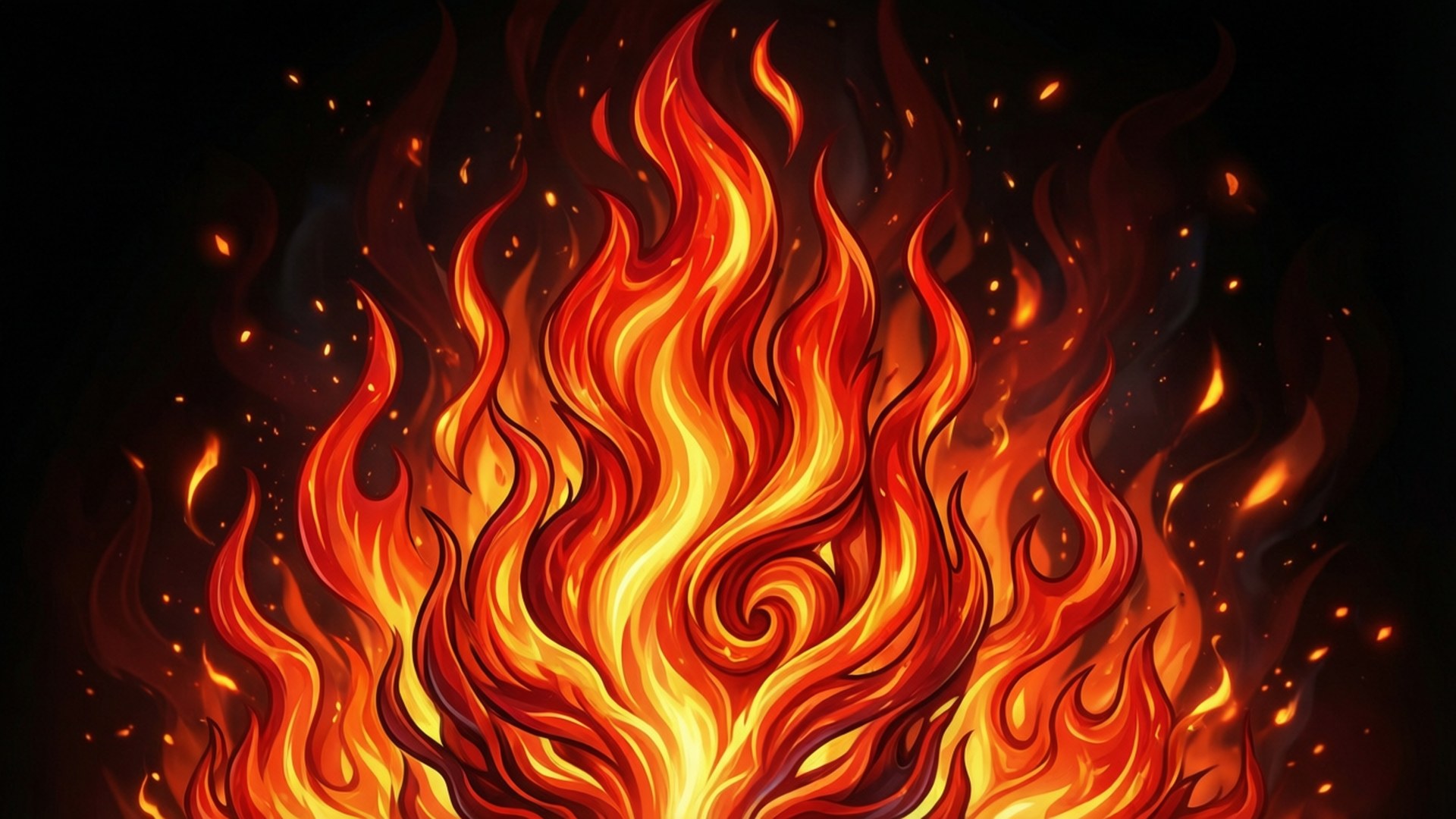 Dynamic stylized flames in orange yellow and red with glowing embers against a dark background