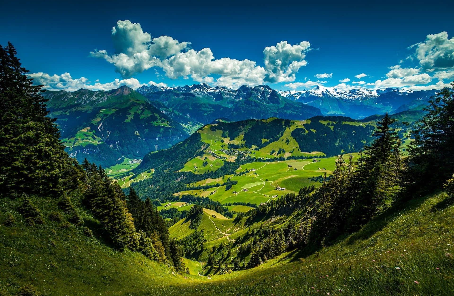 Paisajede Montañas Verdes En Los Alpes Suizos. Fondo de pantalla