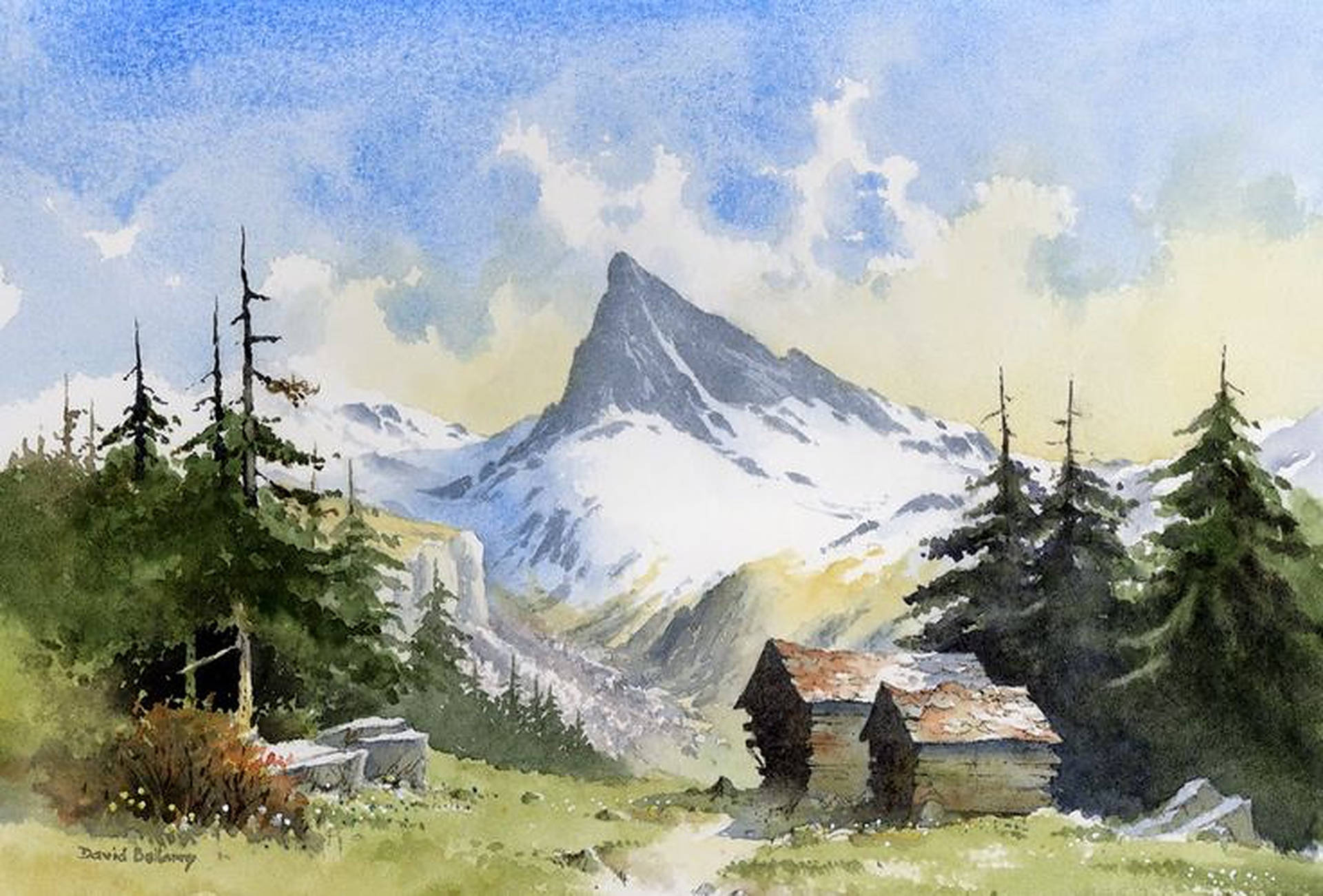 Swiss Alps Pine Trees Painting Wallpaper